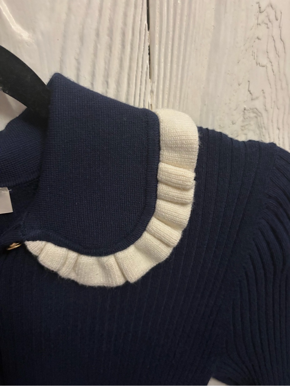LOFT Navy Blue Ruffle Trim Knit Polo Sweater Small - Picture 8 of 10
